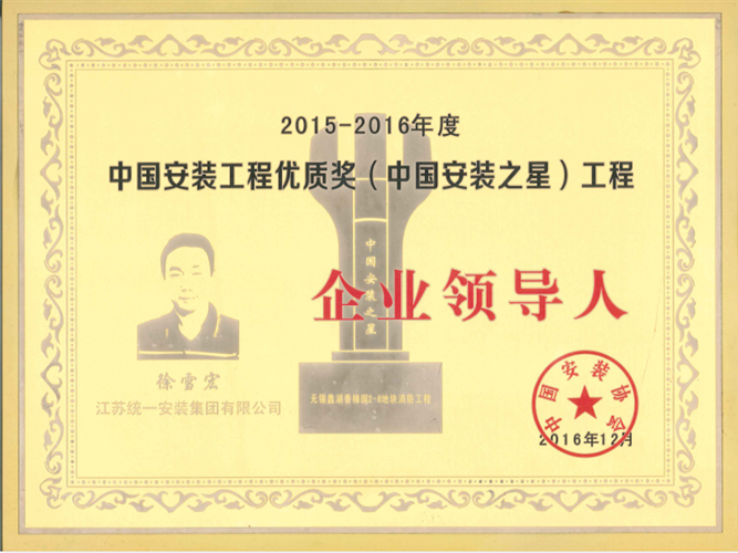 2015-2016年度中國安裝工程優(yōu)質(zhì)獎（中國安裝之星）工程企業(yè)領(lǐng)導(dǎo)人（2016.12）